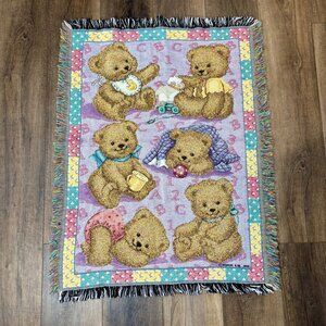 VTG Baby‎ Teddy Bear Nursery Tapestry Throw Blanket Red Calliope 35"x47" Pastel